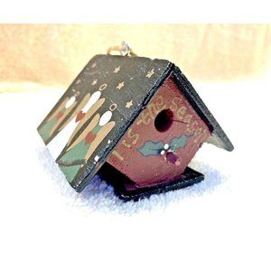 VINTAGE BIRDHOUSE CHRISTMAS ORNAMENT HAND PAINTED WITH ANGELS & STARS 2.75" x 2"